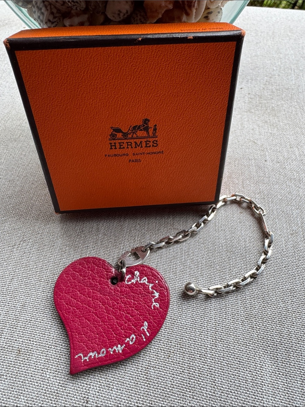 Hermes Heart Leather Keychain Bag Charm in Red With Box